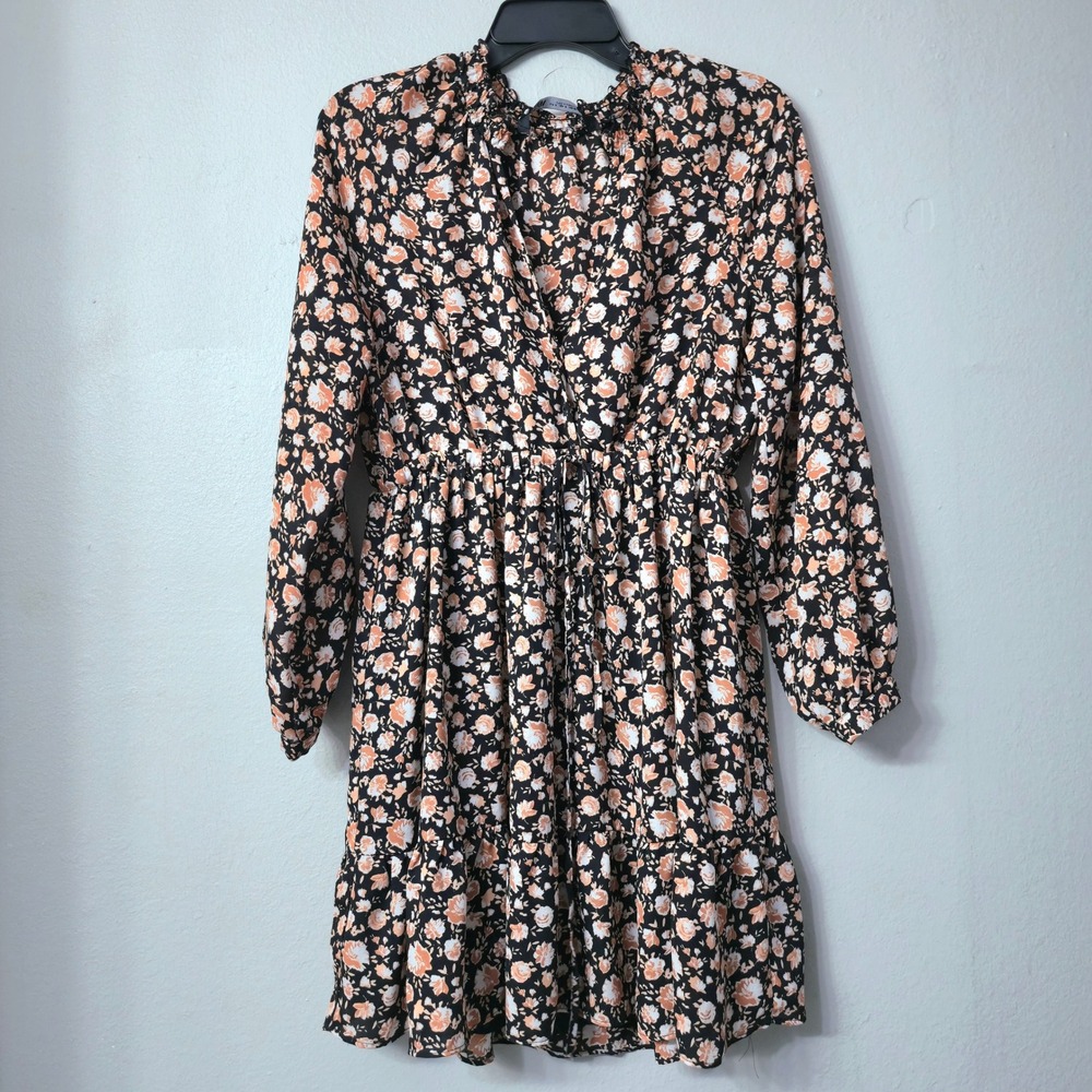 Zara Women Black Peach Floral Ruffle Mini Dress Long Sleeve V-Neck Small